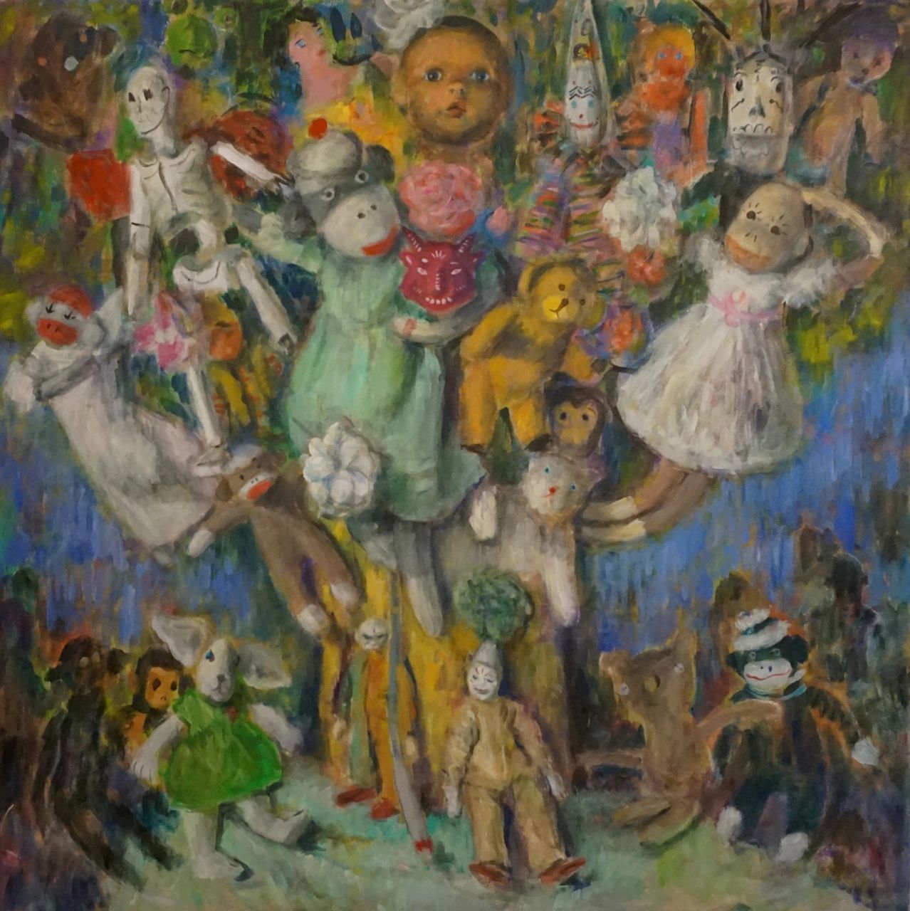 Surreal painting of various dolls and stuffed animals grouped together.