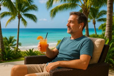 Man relaxing with a tropical drink by the beach.
