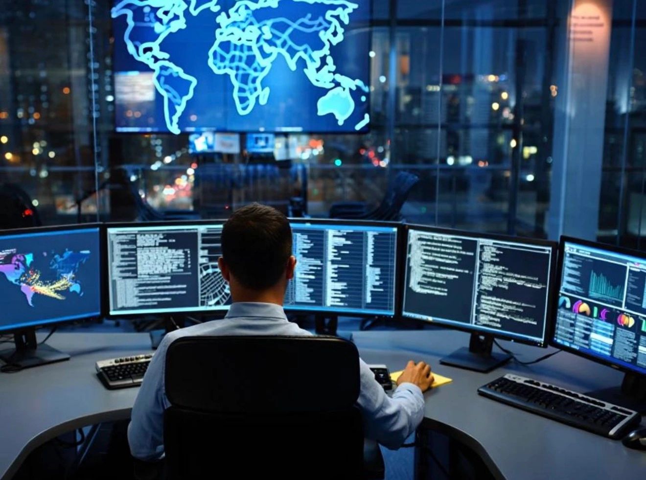 Person monitoring global data and analytics on multiple computer screens in a dark office.