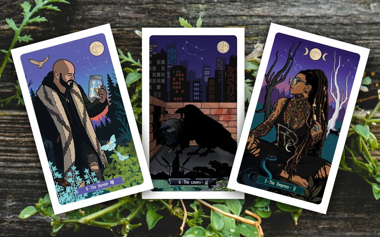 Three illustrated tarot cards depicting The Hermit, The Lovers, and The Empress with nature and night themes.