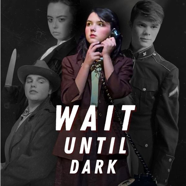 A suspenseful movie poster for "Wait Until Dark" featuring a woman on the phone surrounded by mysterious characters.