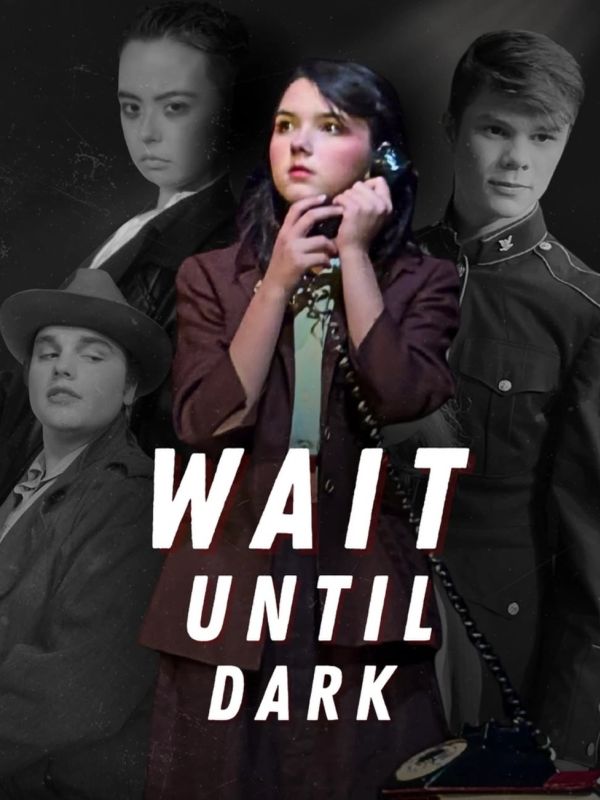 A suspenseful movie poster for "Wait Until Dark" featuring a woman on the phone surrounded by mysterious characters.