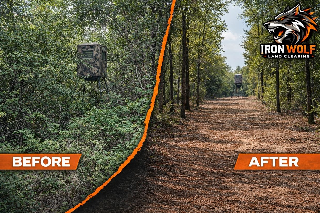 Before and after land clearing showing dense bushes cleared to a clean path.