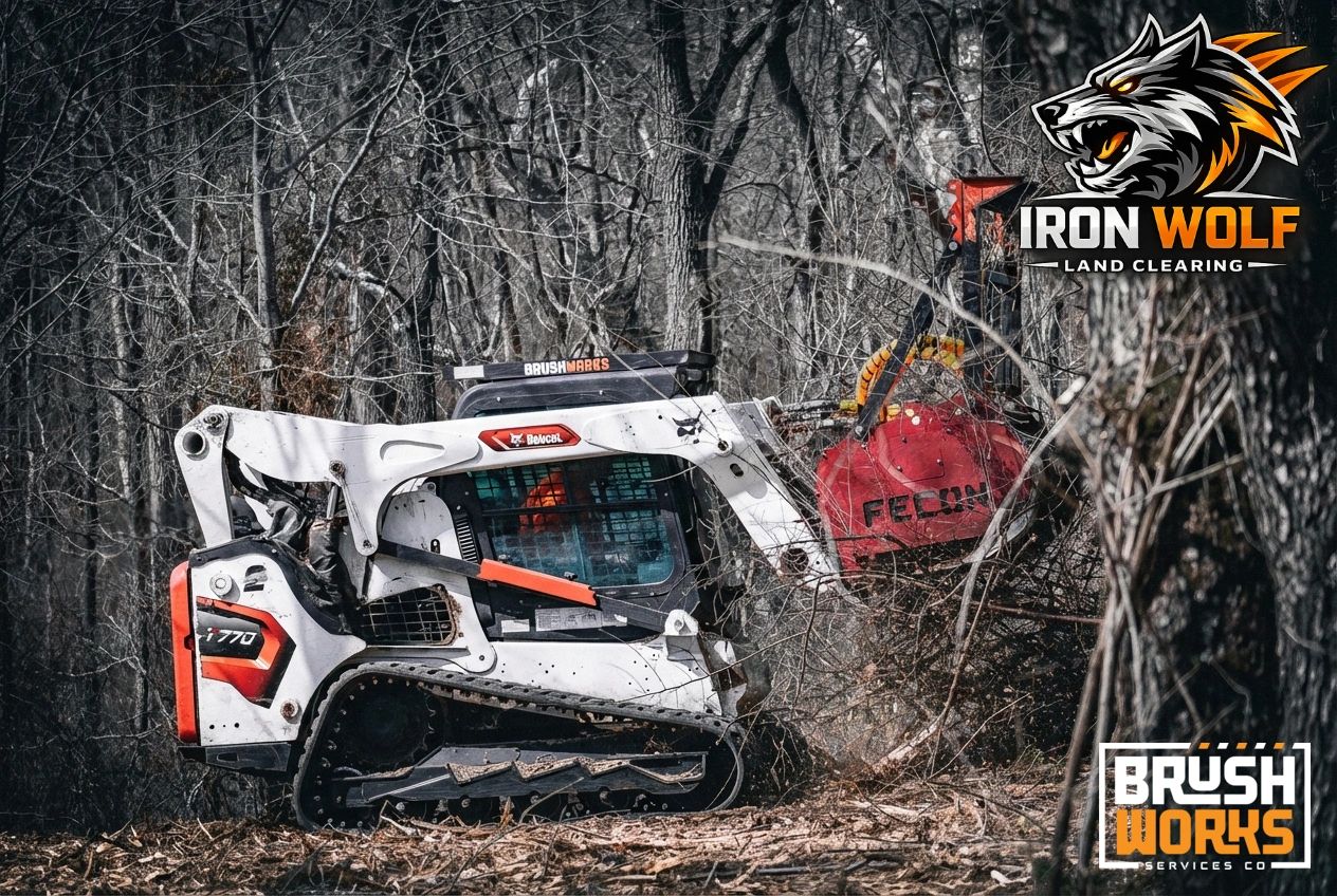 Tracked Bobcat clearing dense brush in a wooded area.