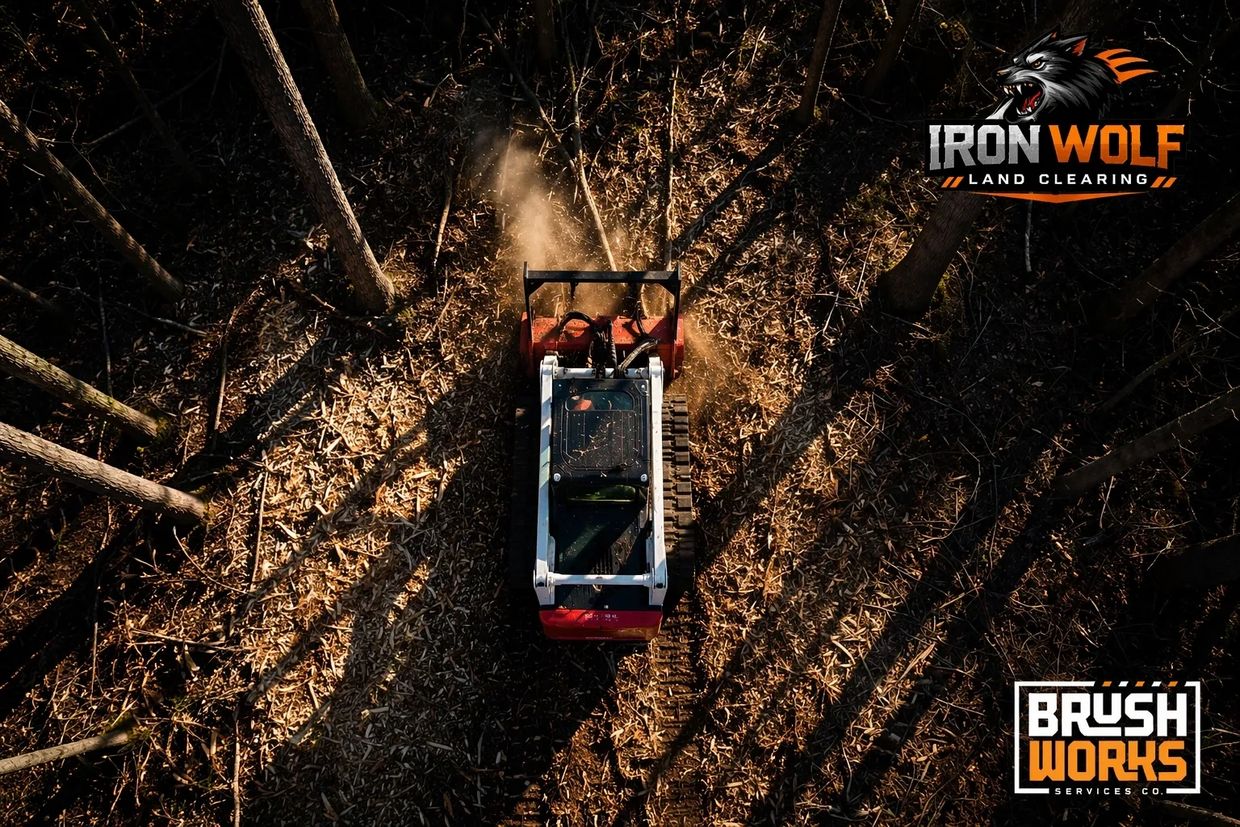 A tracked machine clearing land in a forest, viewed from above.