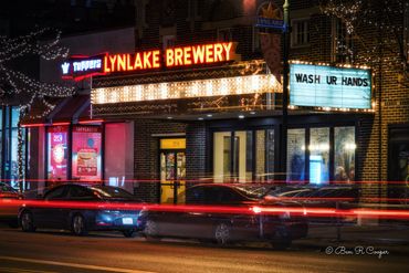 Lynlake Brewery, Minneapolis, Minnesota at night. Neon and a marquis from the old theater once there
