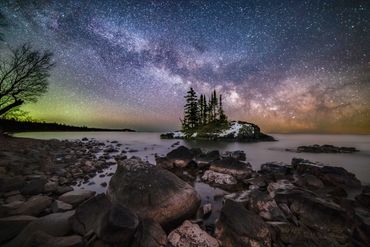 Milky Way Core over island on Lake Superior in Grand Marais MN. Lake Superior, Minnesota North Shore