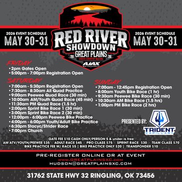 2026 Red River Showdown Great Plains event schedule for May 30-31 in Ringling, OK.