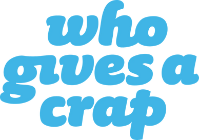 Blue text saying 'who gives a crap' on a transparent background.