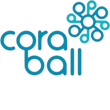 Logo with the text 'coraball' and a circular floral design.