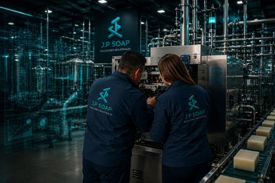 Two workers inspect machinery in a soap manufacturing plant.