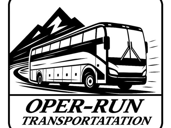 Black and white logo of a bus with mountains in the background.