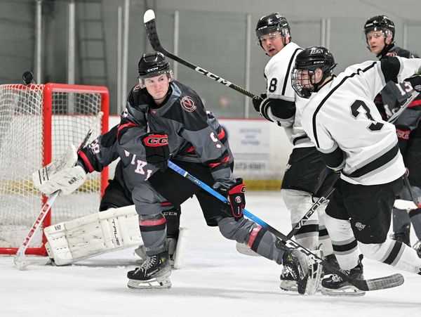 Ventura Vikings NCDC hockey player blocking a shot at the Iceoplex, Simi Valley, CA