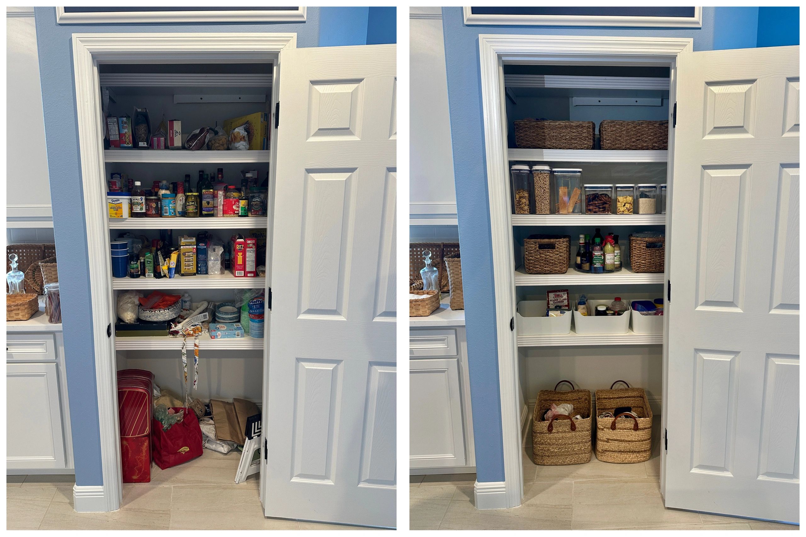 Before and after pantry organization showing clutter to neat storage with baskets and containers.