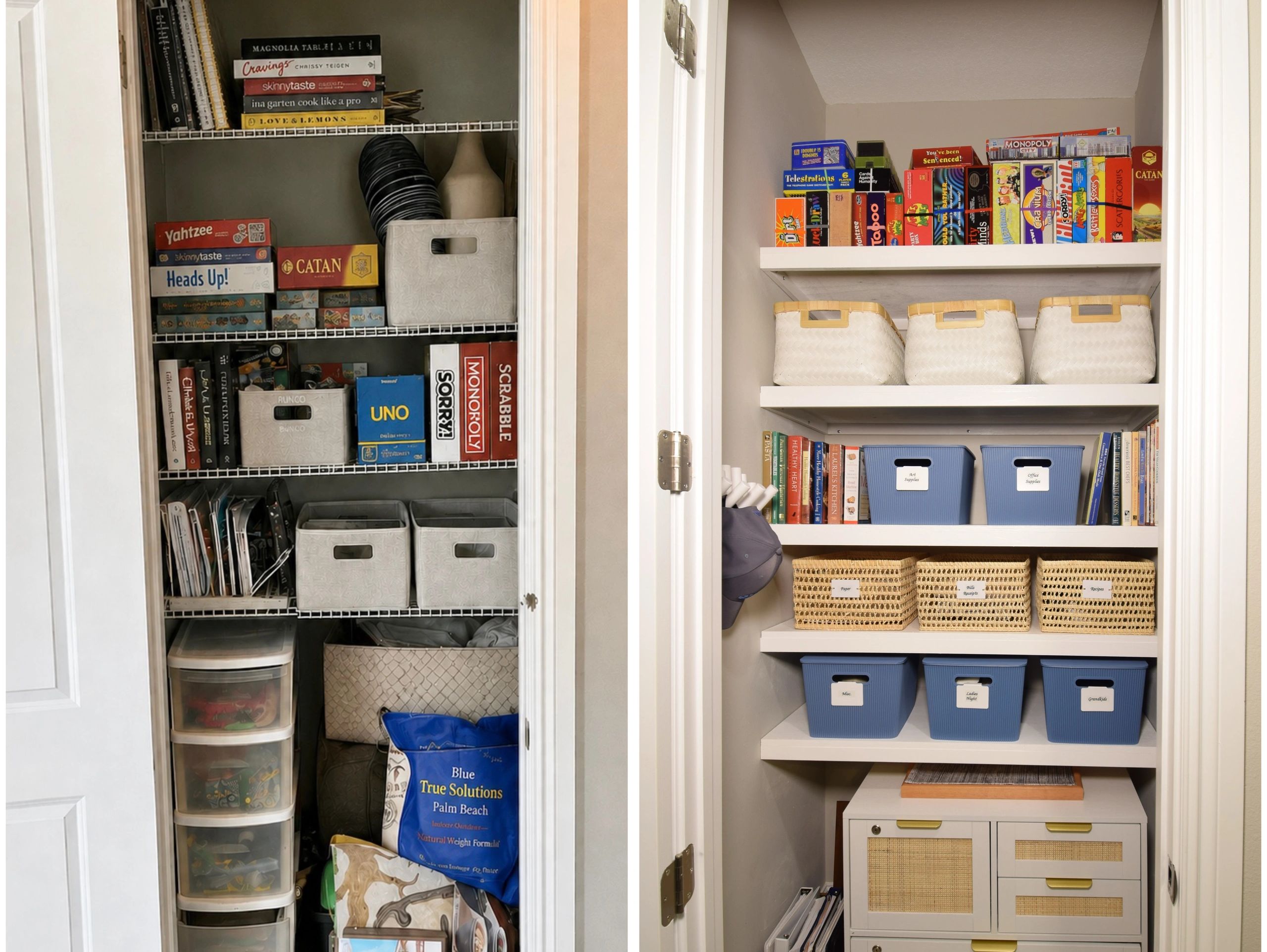 Two organized closets with shelves holding games, books, bins, and storage containers.