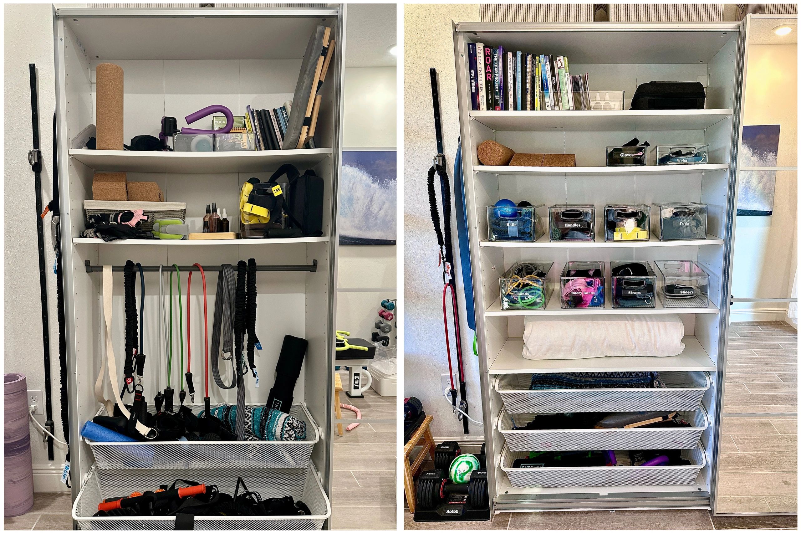 Organized shelves with fitness equipment, resistance bands, yoga blocks, and books in a home gym.