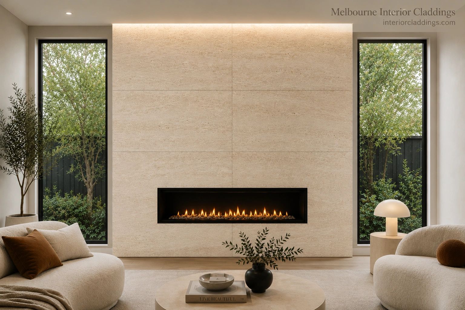 Modern living room with a sleek fireplace and neutral decor.