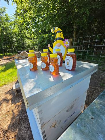 Honey bottles displayed on a bee-themed box outdoors.