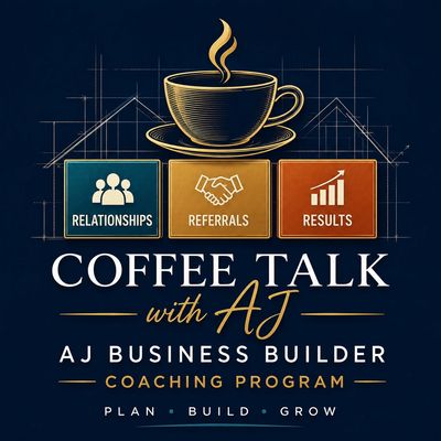 Coffee Talk with AJ Business Builder Coaching Program logo featuring a gold coffee cup with Relation