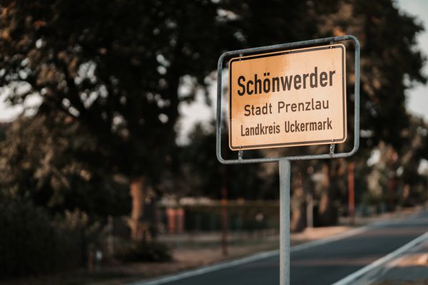 Road sign for Schönwerder in Landkreis Uckermark, Germany.