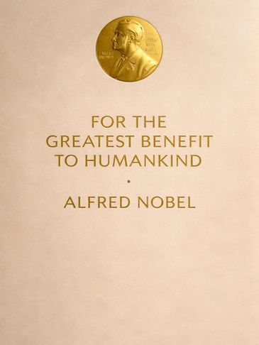 Invitation to the Nobel Prize ceremony with medal and quote display