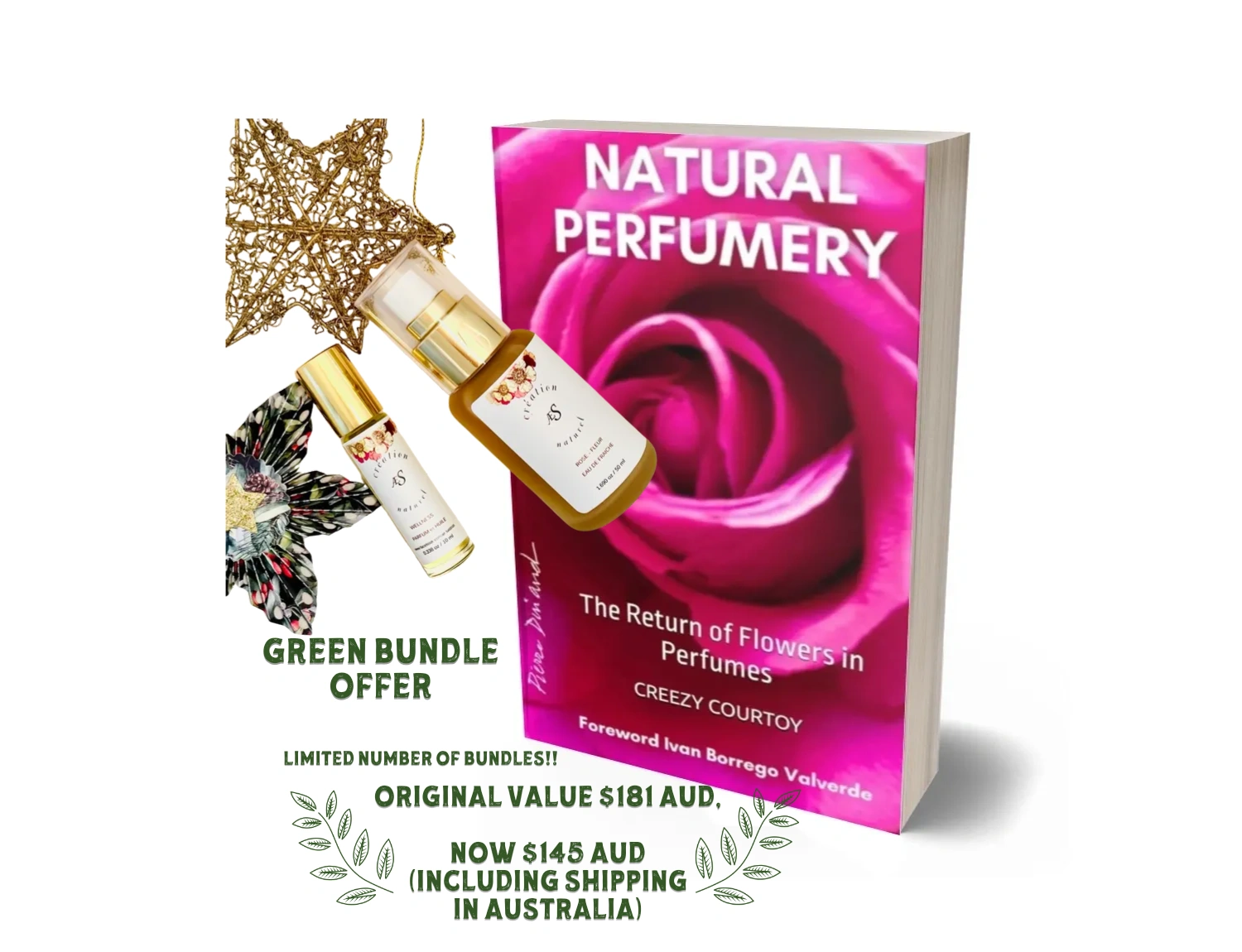 A bundle of 10ml rollon perfume with 50ml Body Skin Toner spray perfume with Natural Perfumery book 