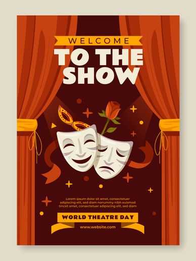 Theatrical masks and a red rose framed by red stage curtains.