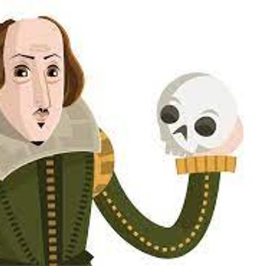 Cartoon of Shakespeare holding a skull.