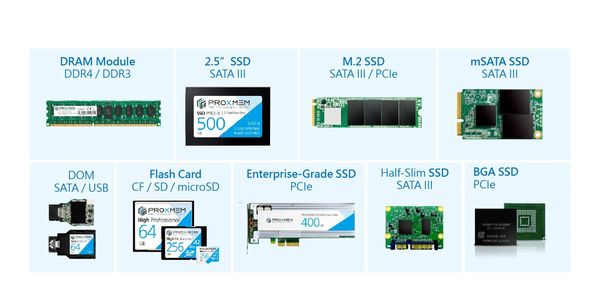 各种类型的计算机内存和存储器模块图示。