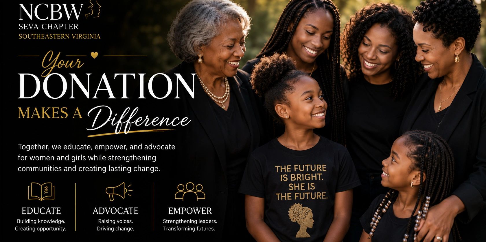 Women and girls smiling, promoting donation impact for education, advocacy, and empowerment.