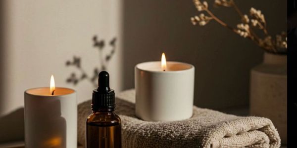 Cozy candles and essential oil bottle on a soft towel create a relaxing ambiance.