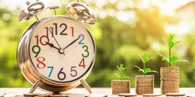 Clock, money stacks and growth - Your VA saves you time, adds value and helps you nurture and grow.