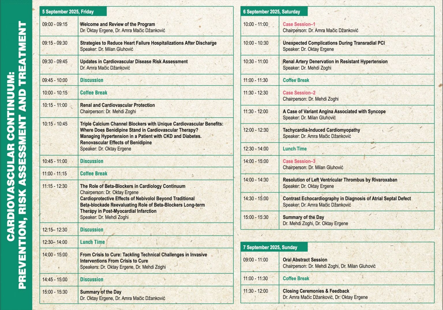 Schedule for Cardiovascular Continuum event from 5-7 September 2025 covering prevention, risk assessment, and treatment topics.