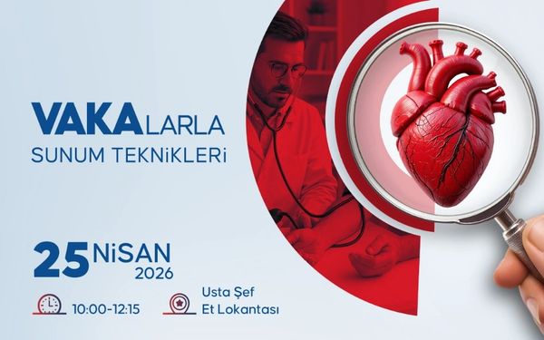 A medical-themed event poster focusing on case presentation techniques with a heart illustration.