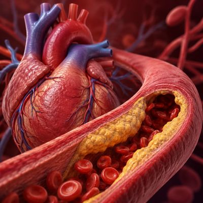Illustration of a heart with a clogged artery showing plaque buildup.