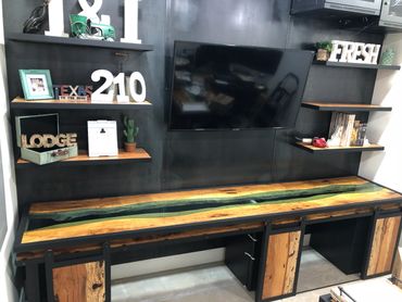 live edge office desk with blue river inlay
