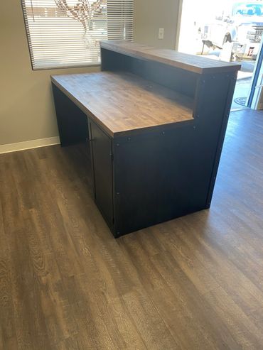 metal desk with wooden butcherblock top