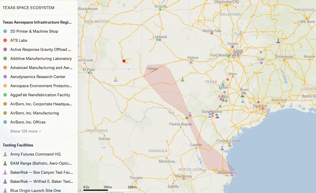 TEXAS INTERACTIVE COMMERCIAL SPACE MAP - LAUNCH FUEL INFRASTRUCTURE ADVANCED WORKFORCE SPACEPORTS