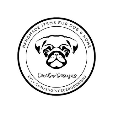 Logo with a pug illustration for CeceBo Designs, handmade dog and home items.