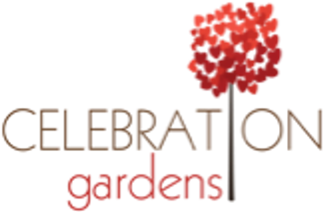 Logo with a red flower and text 'CELEBRATION gardens'.