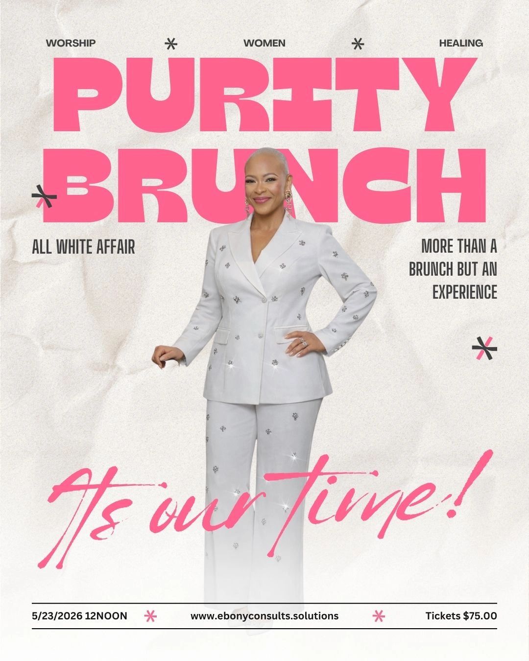 Elegant woman in white suit promoting Purity Brunch event focused on worship, women, and healing.