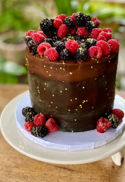 Chocolate Cake, Raspberry Filling, Chocolate Ganache.