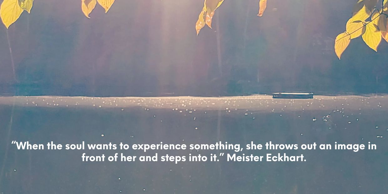 Sunlit lake with floating leaves and a reflective quote about the soul by Meister Eckhart.