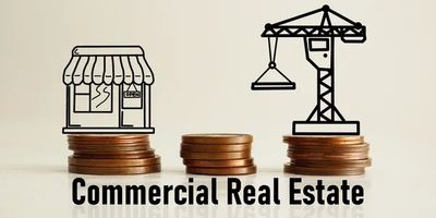 Illustration of commercial real estate using coins and sketches of a store and crane.