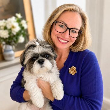 Woman smiling and holding a fluffy dog.