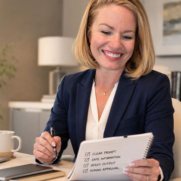 Smiling woman reviewing a checklist in an office.