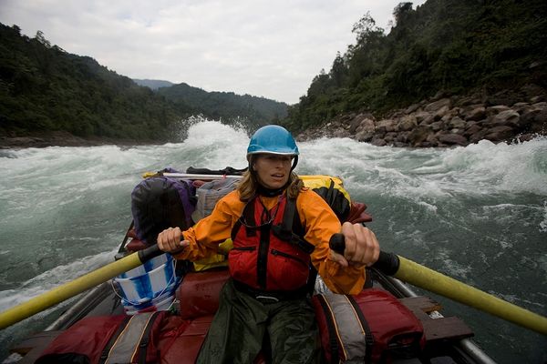 River guide Bridget Crocker on the Subansiri River. Arunachal Pradesh India. Photo: David Clifford