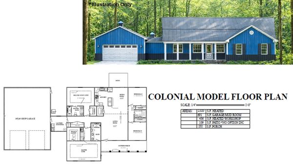 Blue colonial house with attached garage and detailed floor plan.