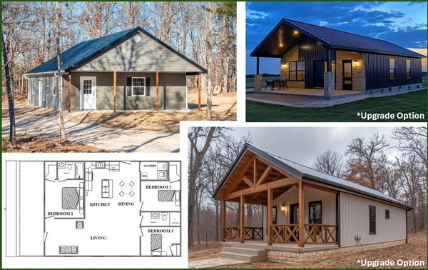 Three small house designs with floor plan and upgrade options shown in wooded areas.