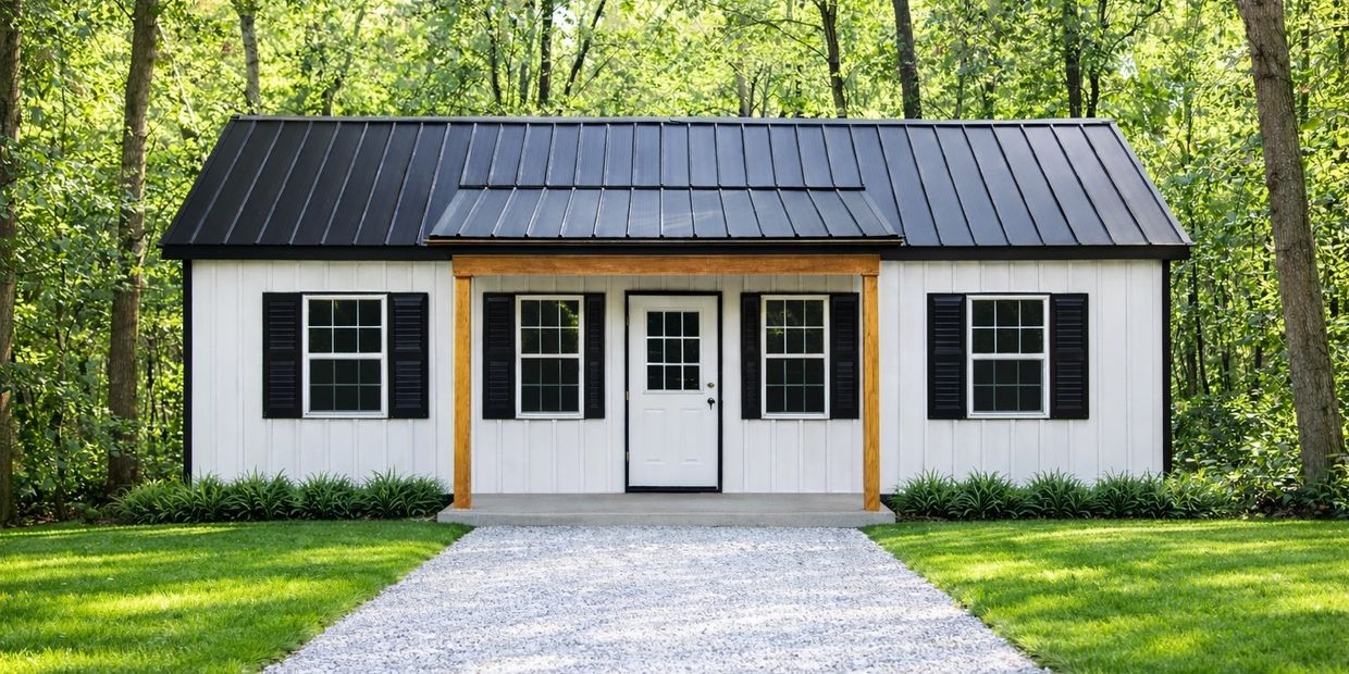 Small modern white house with black roof and shutters surrounded by trees.
